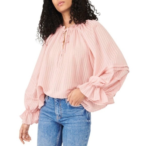 Free People Tops - free People Out of Town Pink Tie Neck Blouson Long Sleeve Peasant Top Size XS
